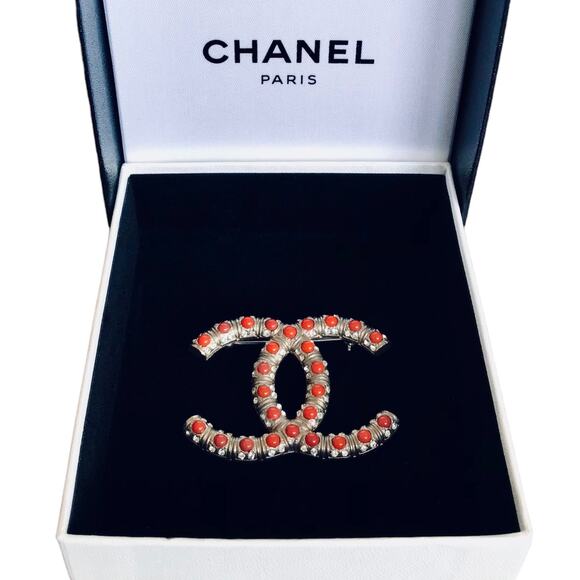 CHANEL Jewelry - SOLD! CHANEL Red Coral Crystal Rhinestone Authentic Logo Brooch w Box/Bag/Ribbon